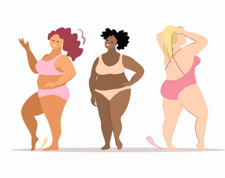 Multiracial women of different height, figure type and size dressed in swimsuits standing in row. female cartoon characters. Body positive movement and beauty diversity. vector illustration.のイラスト素材