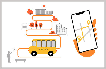 Modern Urban City Student School bus Mobile Tracking System Illustration