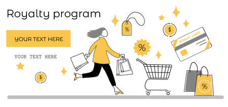 Buyer with gifts and purchases made with a bonus card. Vector illustration, banner.のイラスト素材