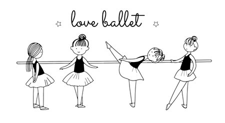 Set of cute little dancing ballerina characters in ballet skirts. Simple linear vector graphic illustration isolated on white. Ideal for girlish design, t-shirtのイラスト素材