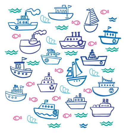 Ships doodle set. vector illustration. blue line styleのイラスト素材
