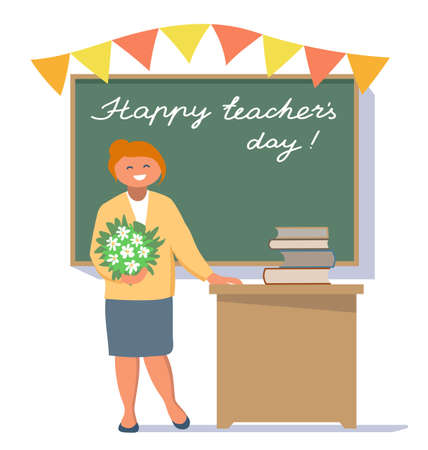 happy teachers day background poster concept. Teacher with flowers near blackboard in a classroom on Teachers Day. Flat vector illustrationのイラスト素材