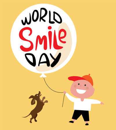 World smile day. Smiling young boy with ballon in hand isolated on yellow background.のイラスト素材