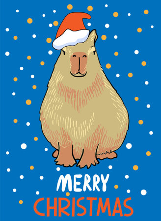 Merry Christmas greeting card. Cute cartoon character capybara .のイラスト素材