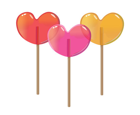 Heart shaped lollipop candy set on wooden stick isolated on white background. Mint, fruit and berries taste lollypops.のイラスト素材