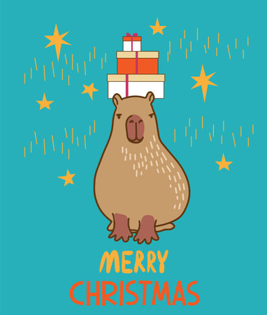 Merry Christmas greeting card. Cute cartoon character capybara .のイラスト素材