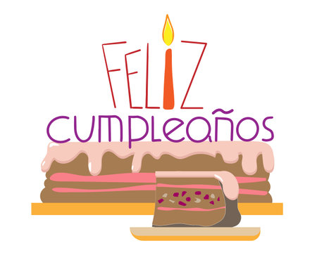 Birthday cake with Feliz Compleanos lettering. Happy Birthday hand drawn phrase in Spanish. Festive pastry with star candles flat vector postcard. Anniversary greeting card for girls with textのイラスト素材