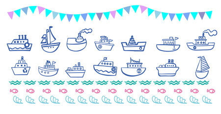 Ships and boats set. fish, festive flags Vector illustrationのイラスト素材