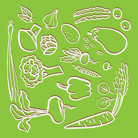 set of white contour vegetables on a green backgroundのイラスト素材