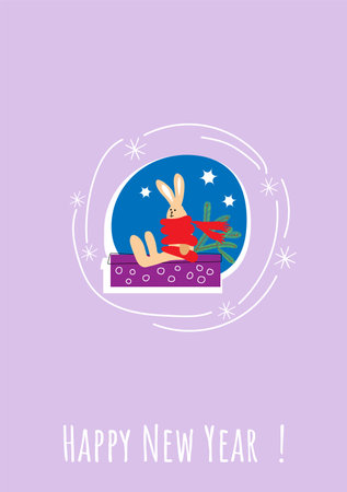 New Year and Christmas 2023 celebration concept with bunny in flat style. Christmas cards with cute rabbits.のイラスト素材