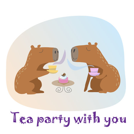 Tea party with you, greeting card with cute capibaras in loveのイラスト素材