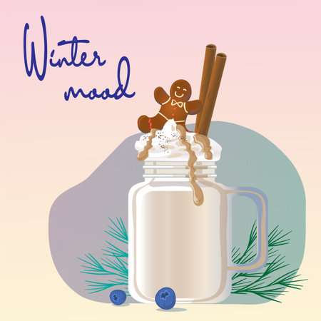 Cute illustration of mug with hot cocoa, coffee, milk, whipped cream, ginger cookies. Perfect for greeting cards, party invitations, posters, stickers, pin, scrapbookingのイラスト素材