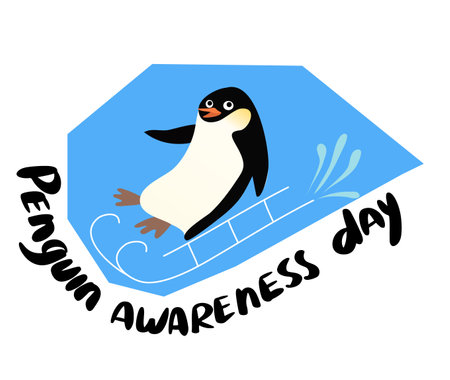 Handwritten phrase World penguine day. Cute funny penguin sledding.のイラスト素材