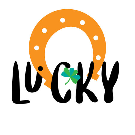 Happy St Patricks day, hand lettering, shamrock cloverleaf and horseshoe. Festive greeting card conceptのイラスト素材