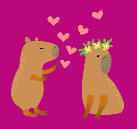 Greeting card with cute capibaras in love, cartoon flat vector illustration. valentines dayのイラスト素材