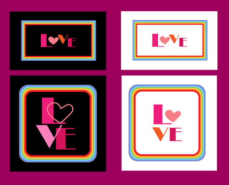 Variants of compositions with the word love and with a rainbow-colored frameのイラスト素材