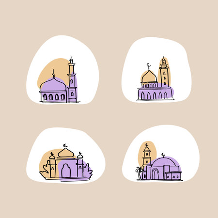 Set of minimalistic mosque icon. Hand drawn Arabic architecture Arabic architecture for greeting cardのイラスト素材