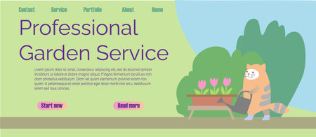 Garden care with cute cat vector illustration. Watering plants banner. Cartoon character takes care of the plantsのイラスト素材