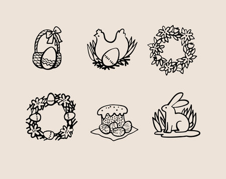 set of easter pictures hand drawn outlineのイラスト素材