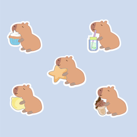 Set of cute capybara hold various object stand on white background.Friendly animal character cartoon design.Lemon, ice cream, lemonade, hand drawn. Kawaii.のイラスト素材