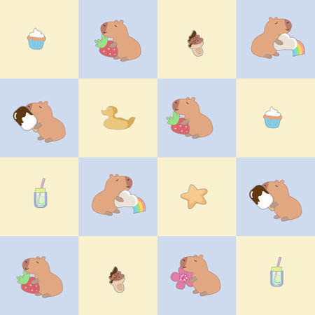 Seamless pattern with capybara, stars, flowers, strawberry,cute cupcakes and drink in the doodle kawaiiのイラスト素材