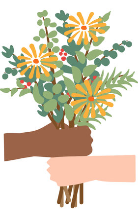 Hands of different races holding a bouquet of flowersのイラスト素材