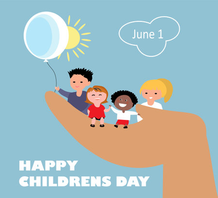 Happy childrens day concept kids sit in the hand of an adultのイラスト素材