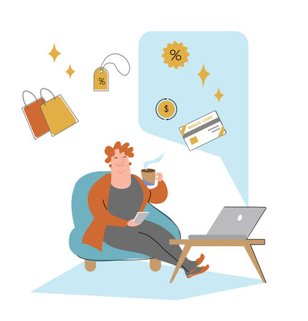 Elderly woman during internet shopping at computer. Senior female buying, ordering, paying for purchases with credit card in online store. Flat graphic vector illustration isolated on white backgroundのイラスト素材