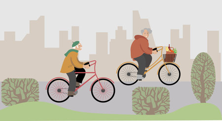 Seniors couple riding their bicycle. Active outdoor life style for elderly people. Grandfather and grandmother riding a bicycle. Summer activity. Vector illustration in cartoon styleのイラスト素材