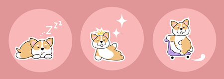 Cute puppies Welsh Corgi. Fashion patches, stickers, pins and signs isolated on pink backgroundのイラスト素材