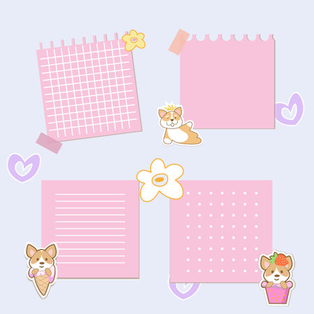 Cute kawaii notes. To do list. Little capy and corgy with flowers. Beautiful planner for school. Flat vector set.のイラスト素材