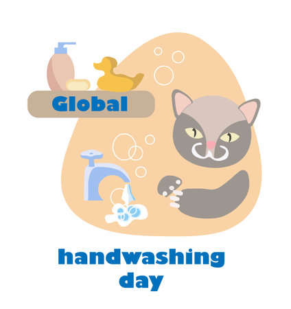 global handwashing day. Design for kids. Cat cleans and washes his pawsのイラスト素材