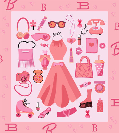 Pink trendy barbiecore set, pink aesthetic accessories and clothingのイラスト素材