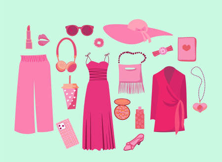 Pink trendy barbiecore set, pink aesthetic accessories and clothingのイラスト素材