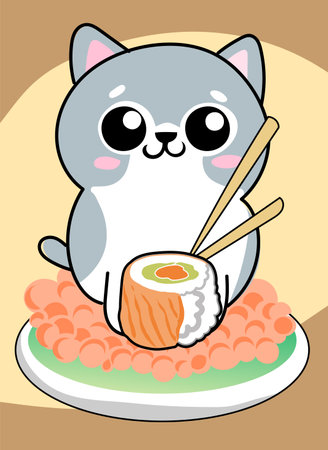 Kawaii sushi with cute cat. Doodle cartoon styleのイラスト素材