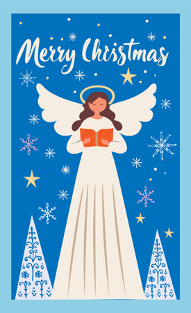 Merry Christmas greeting card. Angel on night blue background. Flat illustration.のイラスト素材