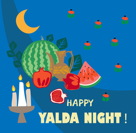Happy Yalda night banner template with symbols of the holiday - watermelon, pomegranate, nuts, candles. Iranian night of forty festival of winter solstice celebration.のイラスト素材