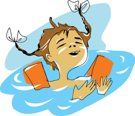 Cartoon little joyful girl swimming in the sea or pool with sun flare.のイラスト素材