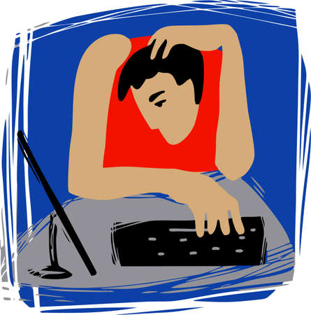 A man solves a difficult task while sitting at a computer.のイラスト素材