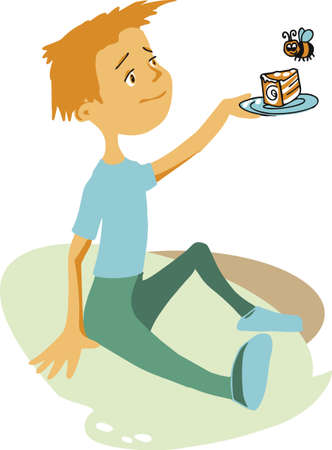 Cartoon generous kind friendly child treats a piece of cake to an insect bee.のイラスト素材