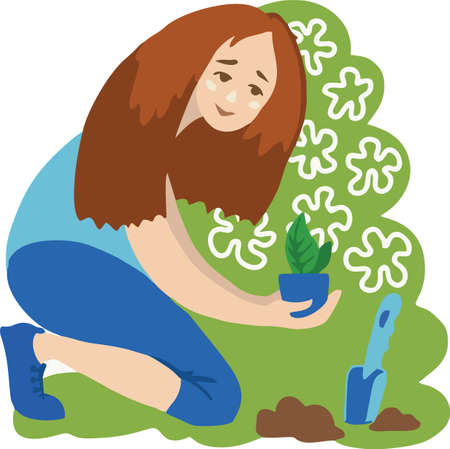 Cartoon flat girl plants seedlings of a small tree in the ground.のイラスト素材