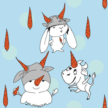 Vector seamless pattern. Children's winter theme with hares, a snowman and a bull.のイラスト素材