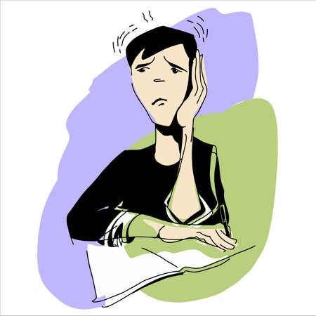 Vector illustration. Cartoon Pupil or student with a notebook. His face is sullen and worried.のイラスト素材