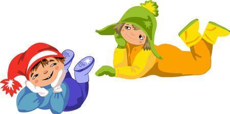 Cartoon characters depict children's winter games in the snow. The picture can be used as a coloring book.のイラスト素材