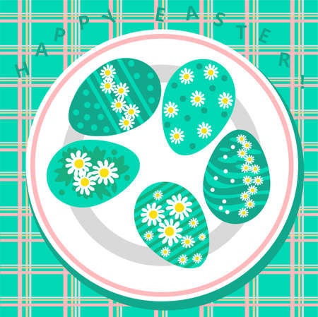 Festive Easter eggs in pots decorate the table.のイラスト素材