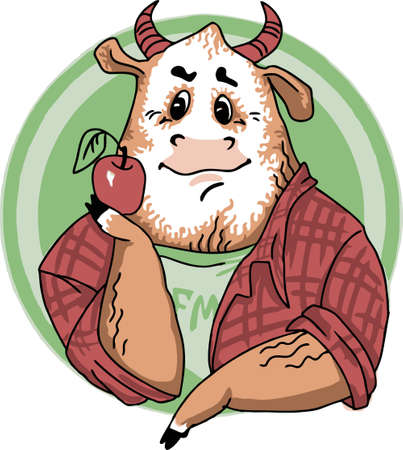 A humanized cartoon bull in a plaid shirt holds an apple in its hoof.のイラスト素材