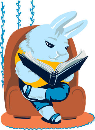 Cartoon inquisitive rabbit sits in a chair and reads a book.のイラスト素材