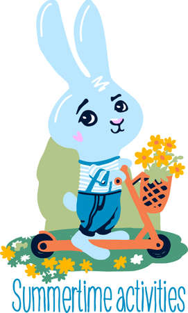 A cute cartoon hare rides a scooter with a basket of flowers. Letteringのイラスト素材