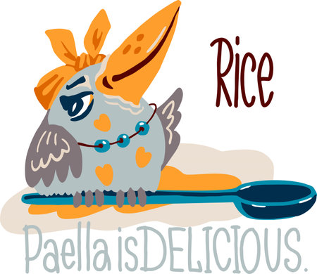 A humanized bird mistress of the kitchen prepares paella rice.のイラスト素材