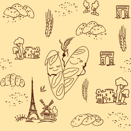 Hand drawn doodle bakery background. Vector illustration of bread, bakery, bakery products.のイラスト素材